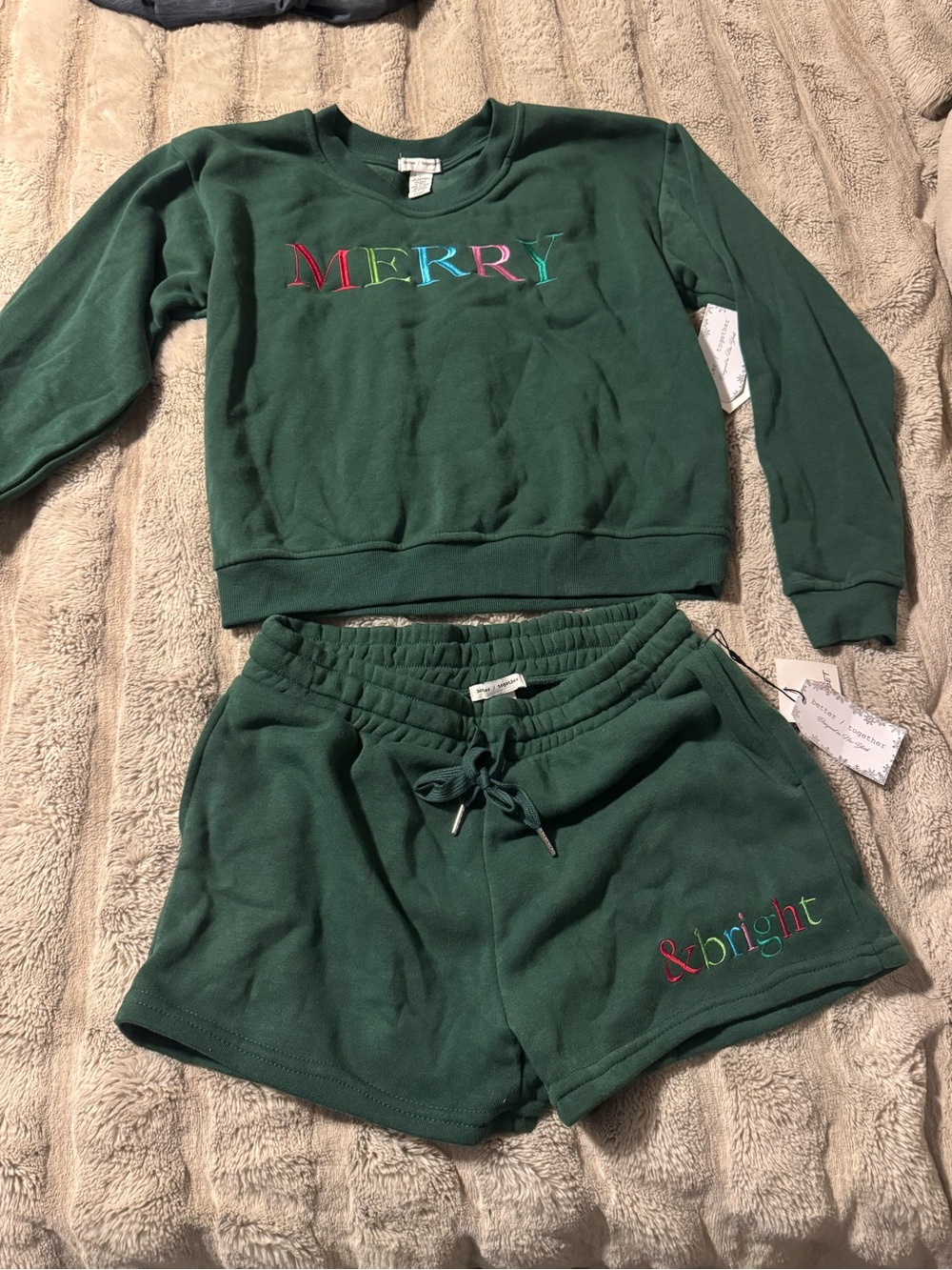 MERRY & bright Deep Green Sweatshirt & Shorts Set w/Embroidered Detail